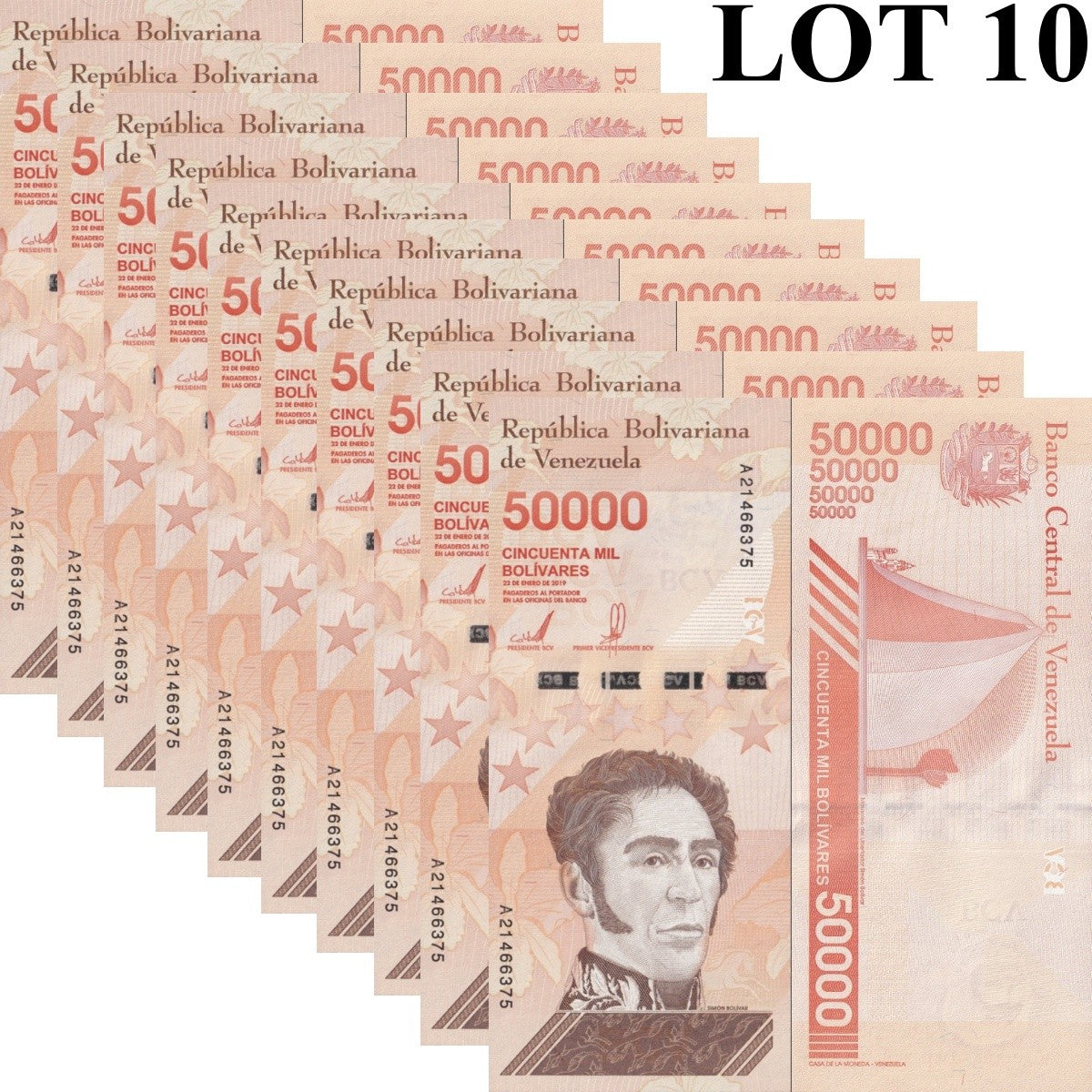 Venezuela 50000 Bolivars 2019 P 111(1) Wide Security Thread Lot 10 pcs UNC
