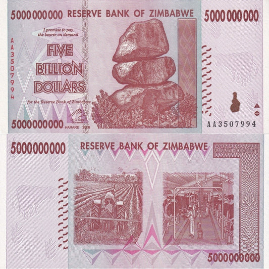 Zimbabwe 5000000000 Dollars 2008 P 84 UNC AA First Prefix