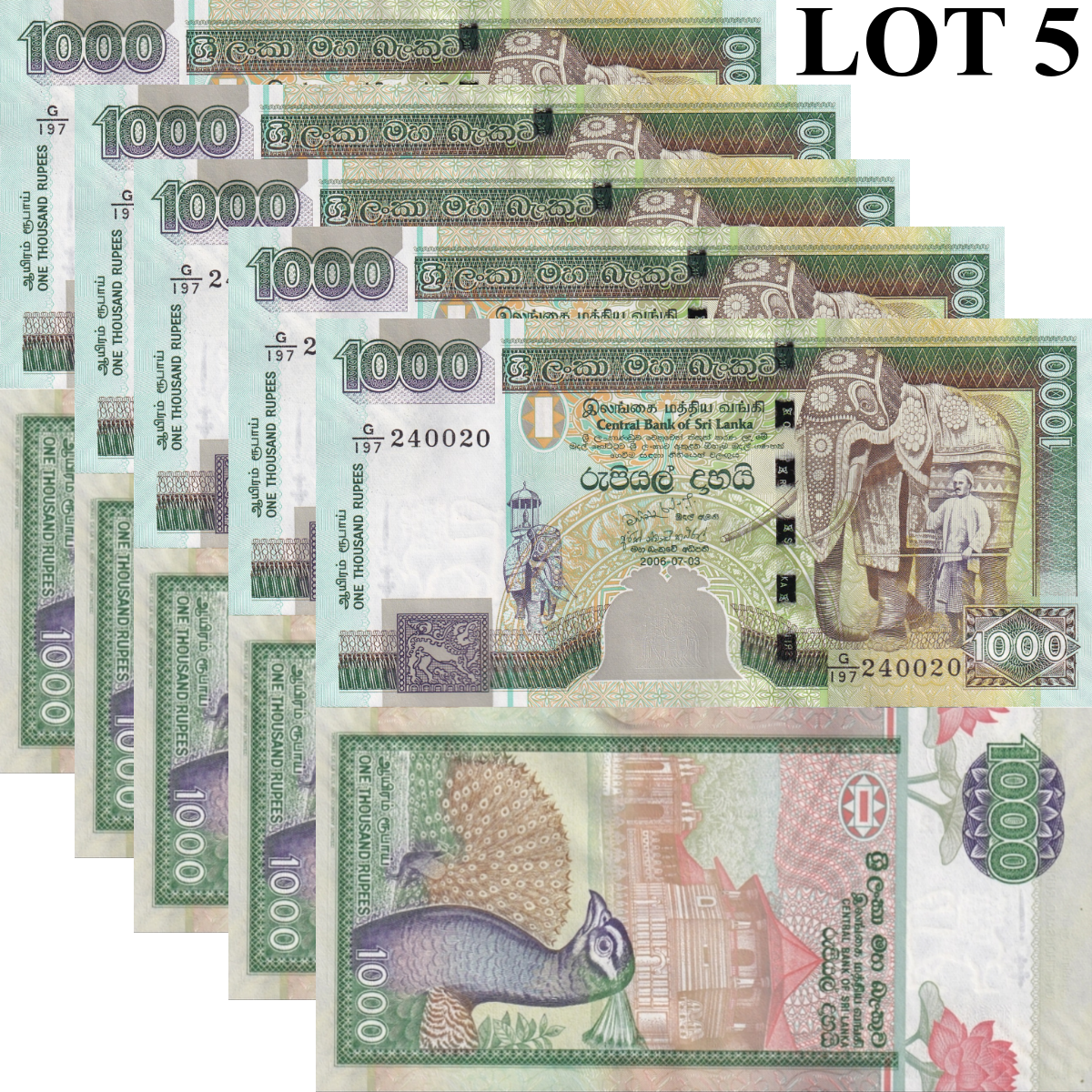 Sri lanka 1000 Rupees 2006 P 120d UNC 1/20 Bundle Lot 5 pcs