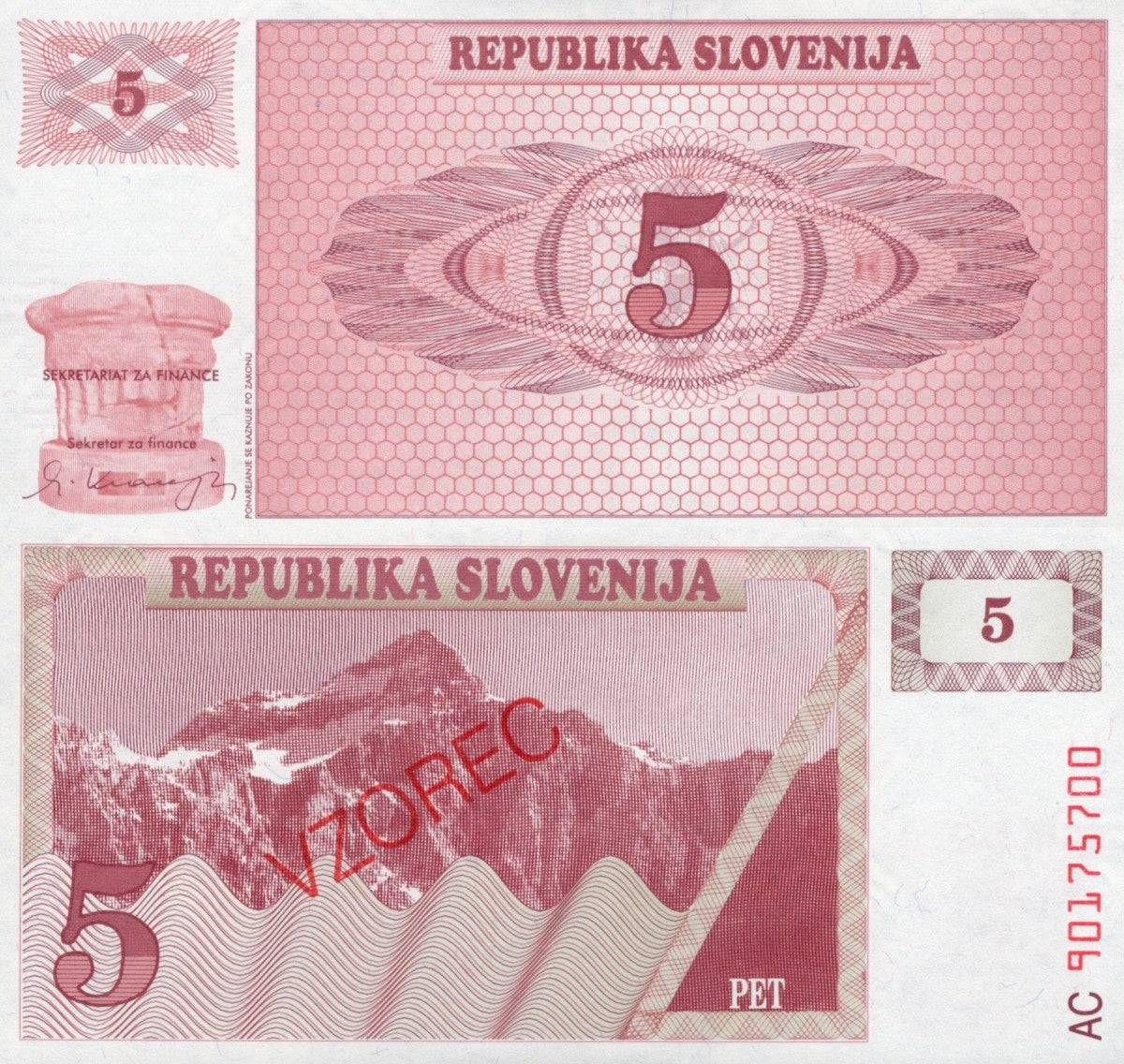 Slovenia 5 Tolarjev 1990 P 3 UNC Specimen
