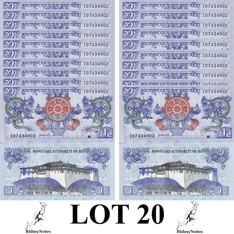 Bhutan 1 Ngultrum 2019 P 27 UNC 1/5 Bundle LOT 20 pcs