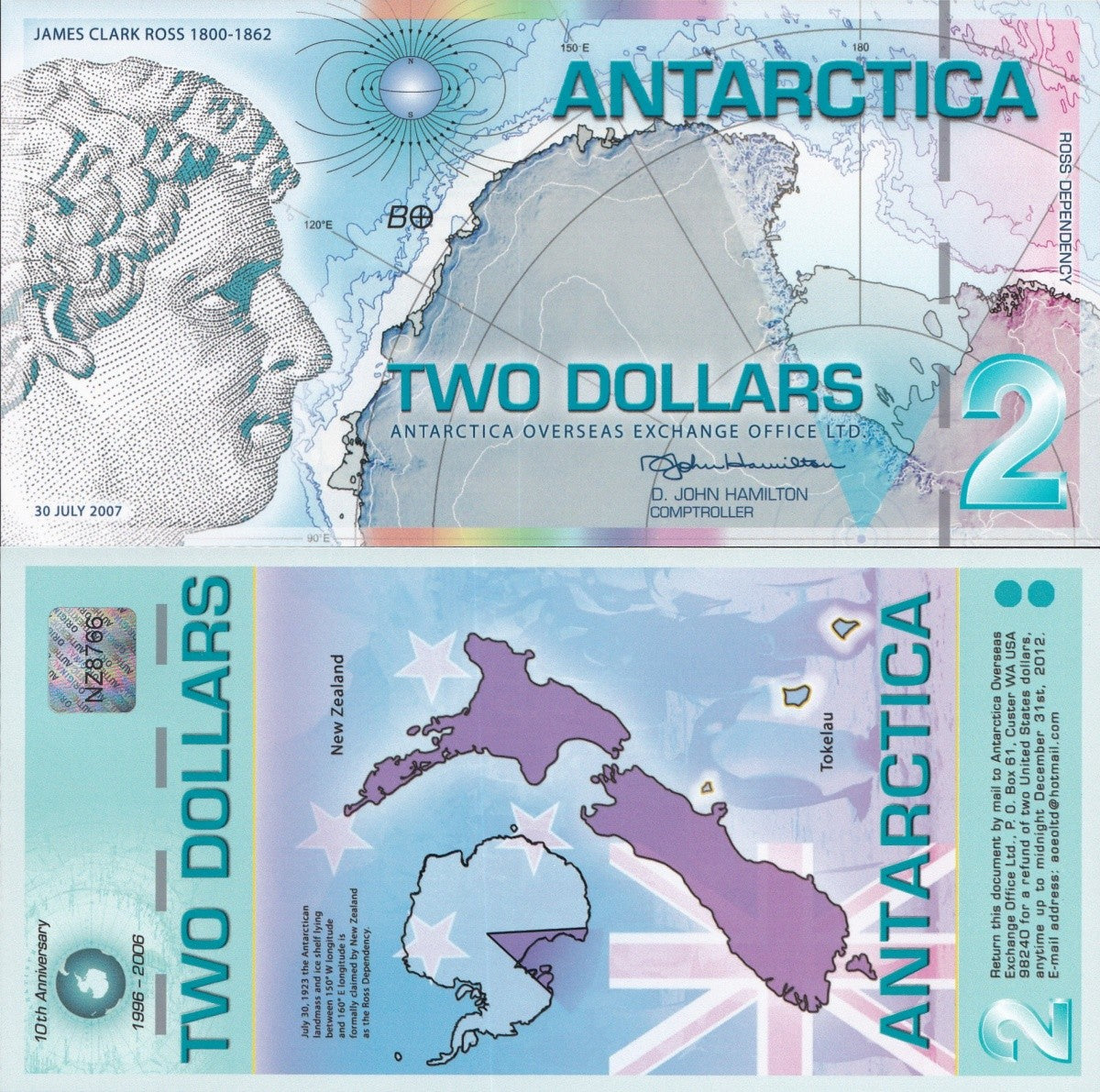 Antarctica 2 Dollars 2007 Polymer P NL TEST NOTE UNC