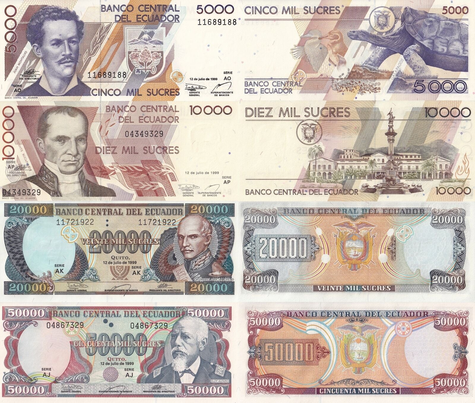 Ecuador 5000 10000 20000 50000 Sucres 1999 P 128c 127e 129 130 UNC Set 4 pcs