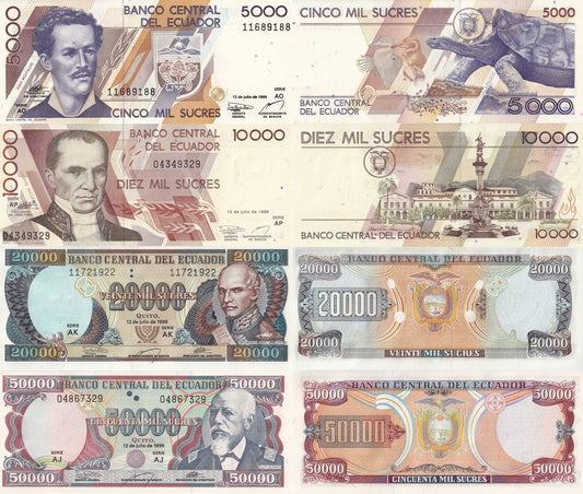 Ecuador 5000 10000 20000 50000 Sucres 1999 P 128c 127e 129 130 UNC Set 4 pcs