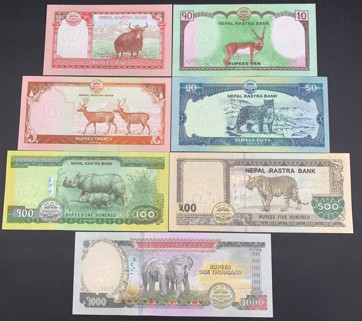Nepal 5 10 20 50 100-1000 Rupees 2016-2020 P 76 77 78 79 80-82 UNC Set 7 pcs