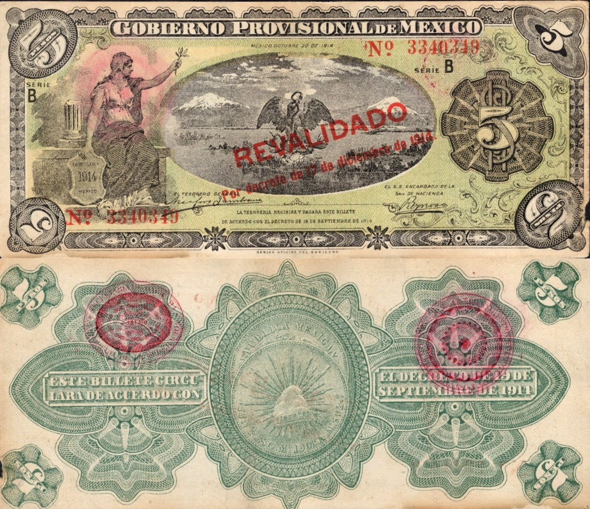 Mexico 5 Peso 1914 P S702b Circulated SERIE B 1/10 Bundle Lot 10 pcs