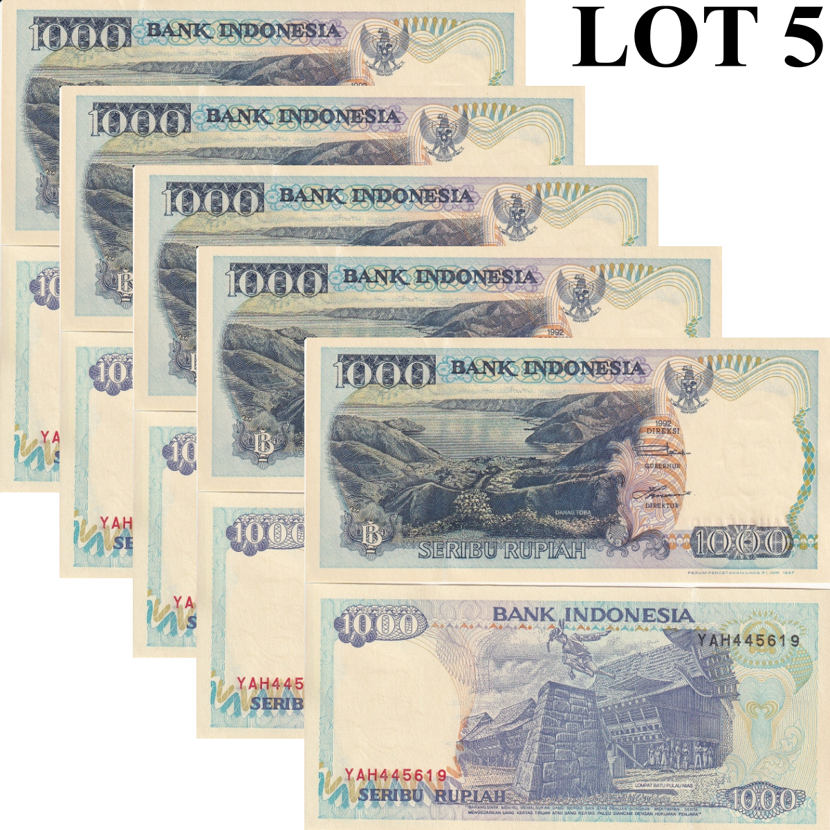 Indonesia 1000 Rupiah 1992 / 1997 P 129f UNC 1/20 Bundle Lot 5 pcs