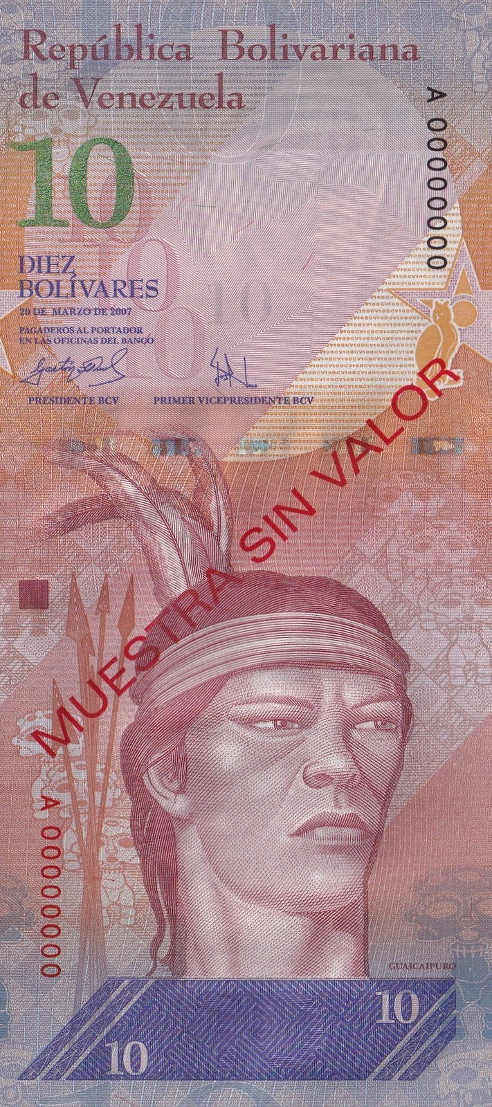 Venezuela 10 Bolivars 2007 P 90 UNC SPECIMEN