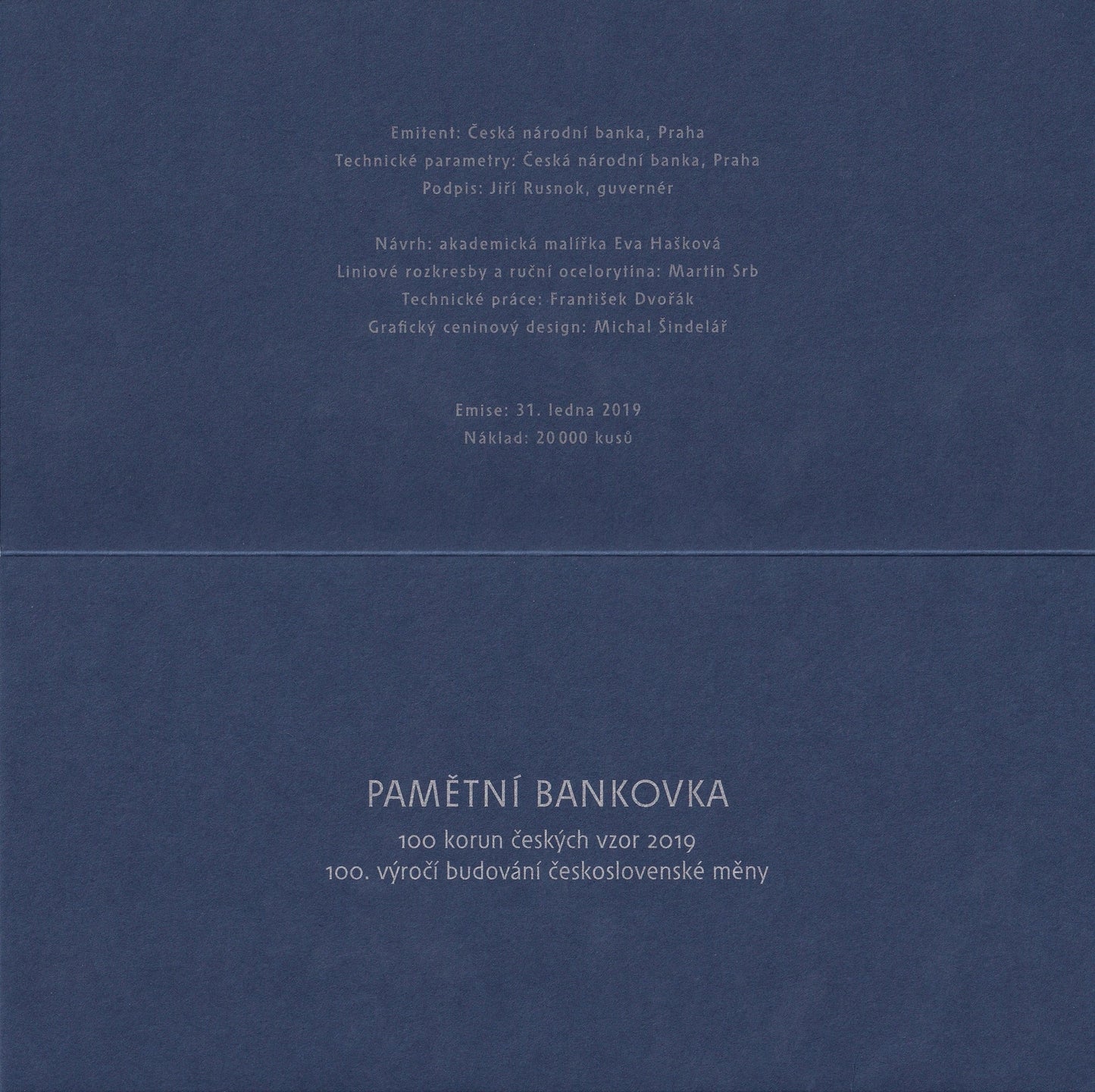  Czech Republic 100 Korun 2019 P 29 UNC 100th Annv W/Folder LOW S/N 000602
