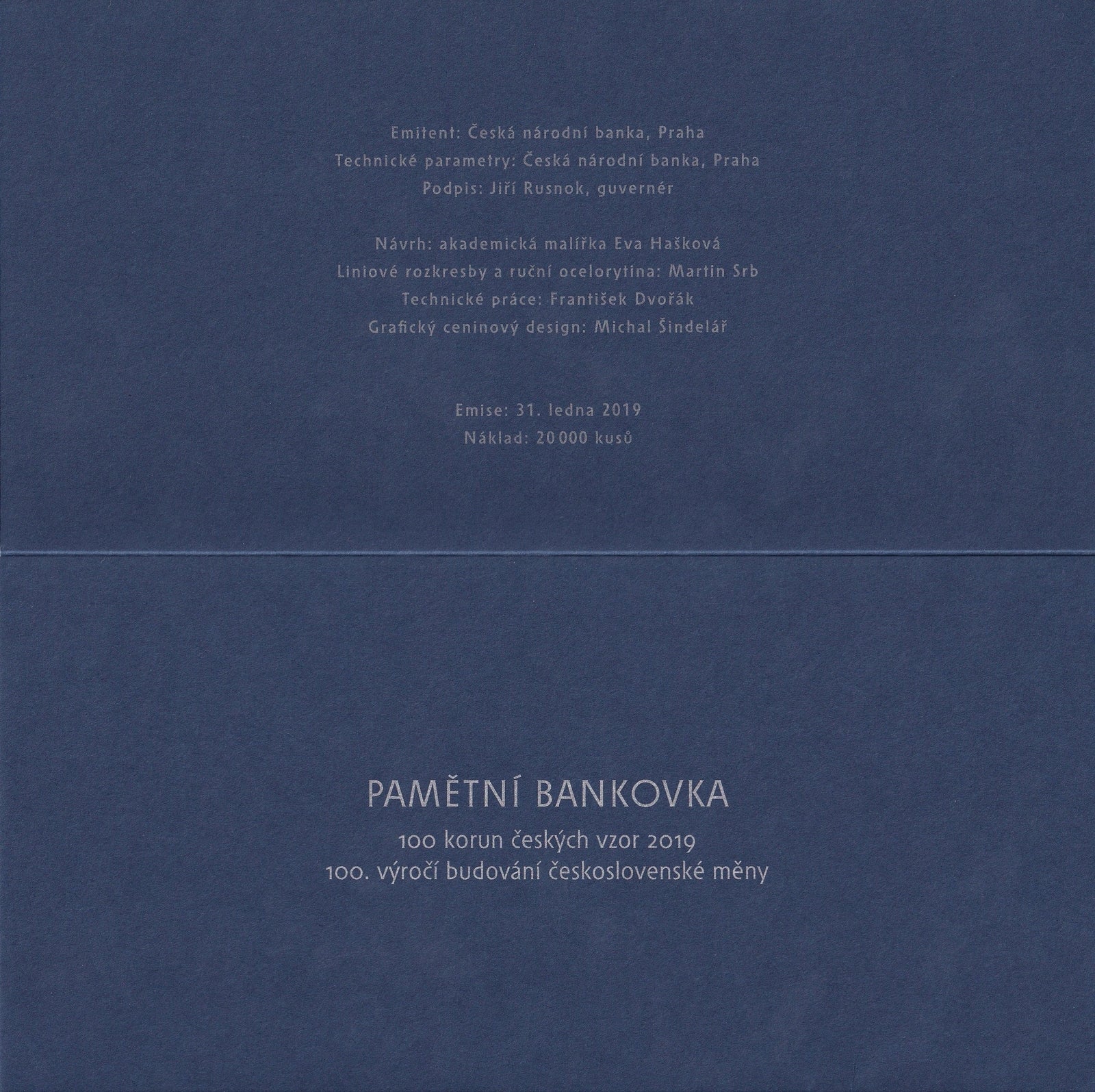  Czech Republic 100 Korun 2019 P 29 UNC 100th Annv W/Folder LOW S/N 000602