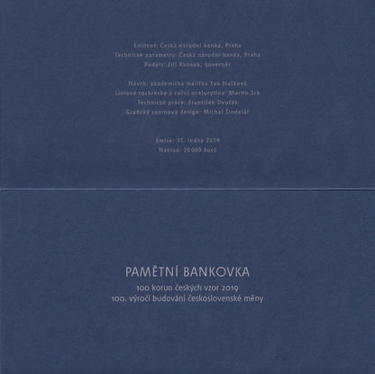  Czech Republic 100 Korun 2019 P 29 UNC 100th Annv W/Folder LOW S/N 000602
