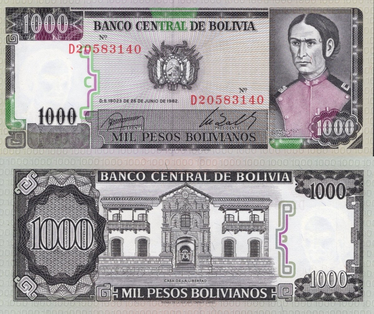 Bolivia 1000 Pesos Bolivianos 1982 P 167a UNC