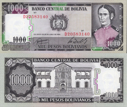 Bolivia 1000 Pesos Bolivianos 1982 P 167a UNC