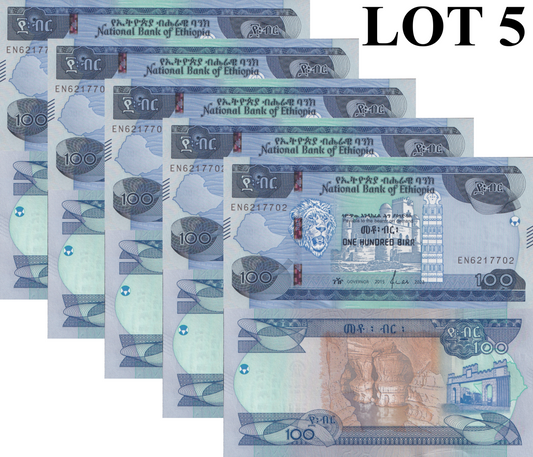 Ethiopia 100 Birr 2015/2023 P 57 UNC 1/20 Bundle Lot 5 pcs