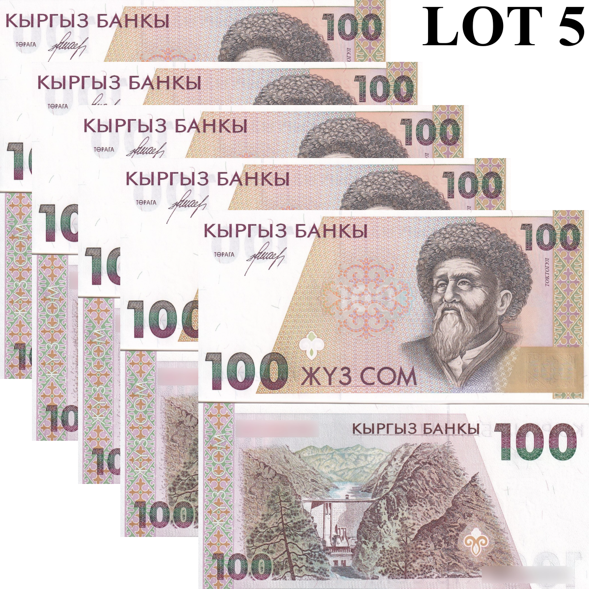 Kyrgyzstan 100 Som 1994 P 12 UNC 1/20 Bundle Lot 5 pcs
