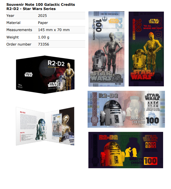 Disney Official Star Wars 100 Galactic Credits 2025 R2-D2 UNC With Folder