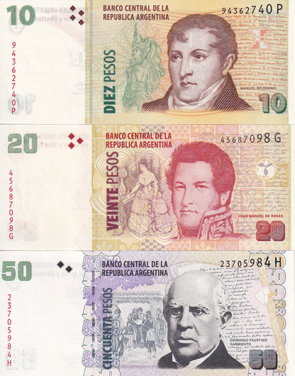 Argentina 10 20 50 Pesos 2003-2015 P 354b 355c 356(6) Set of 3 pcs UNC