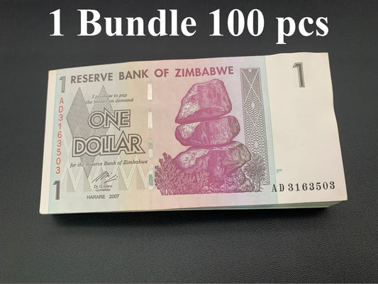 Zimbabwe 1 Dollar 2007 P 65 UNC 1 Bundle Lot 100 pcs
