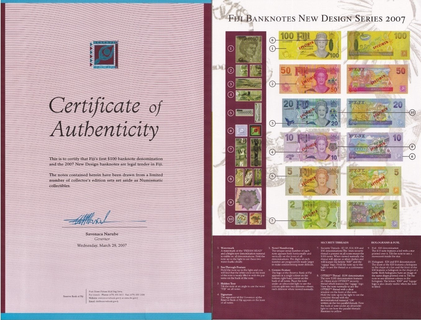 Fiji 2-100 ND 2007-2011 P 109a 110a-114 UNC Set 6 pcs Match LOW S/N With Folder