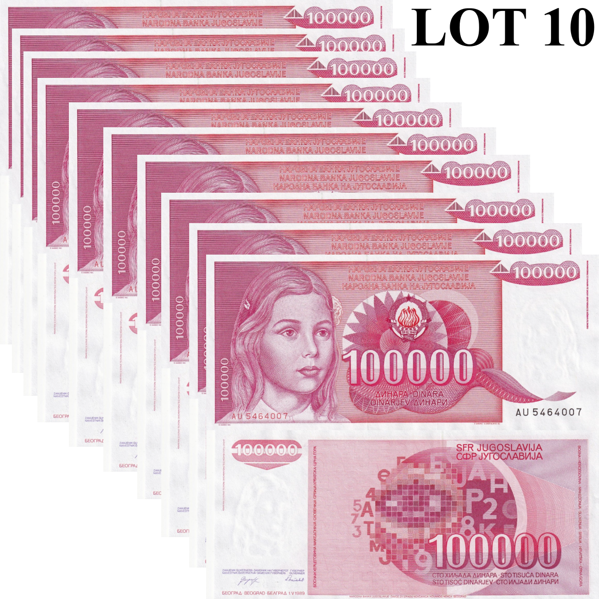 Yugoslavia 100000 Dinara 1989 P 97 UNC 1/10 Bundle Lot 10 pcs