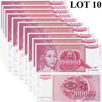 Yugoslavia 100000 Dinara 1989 P 97 UNC 1/10 Bundle Lot 10 pcs