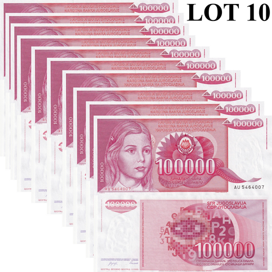 Yugoslavia 100000 Dinara 1989 P 97 UNC 1/10 Bundle Lot 10 pcs