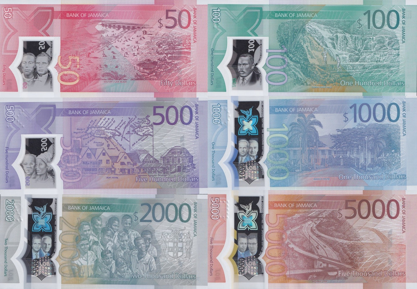 Jamaica 50-5000 Dollars 2022-2023 P 96 97 98 99-101 Polymer UNC COMM. Set 6 pcs