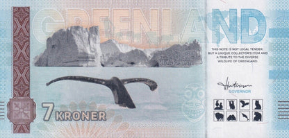 Greenland Souvenir Note  7 Krone Narwhal UNC Test Note