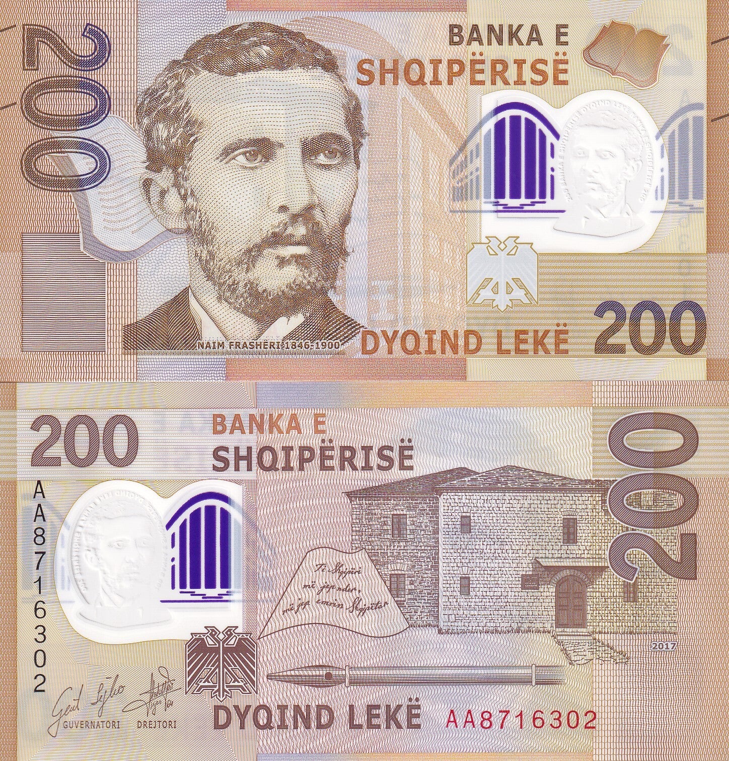 Albania 200 Leke 2017 P 76 Polymer UNC AA First Prefix
