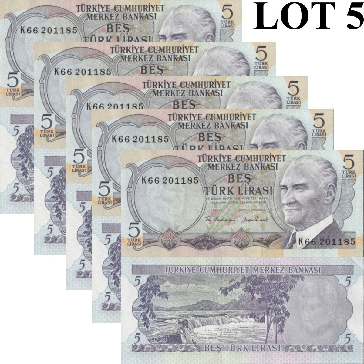 Turkey 5 Turk Lirasi 1970 (1976) P 185 UNC MINOR FOXING 1/20 Bundle Lot 5 pcs