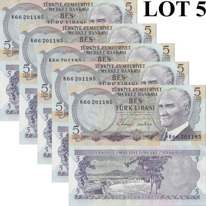 Turkey 5 Turk Lirasi 1970 (1976) P 185 UNC MINOR FOXING 1/20 Bundle Lot 5 pcs