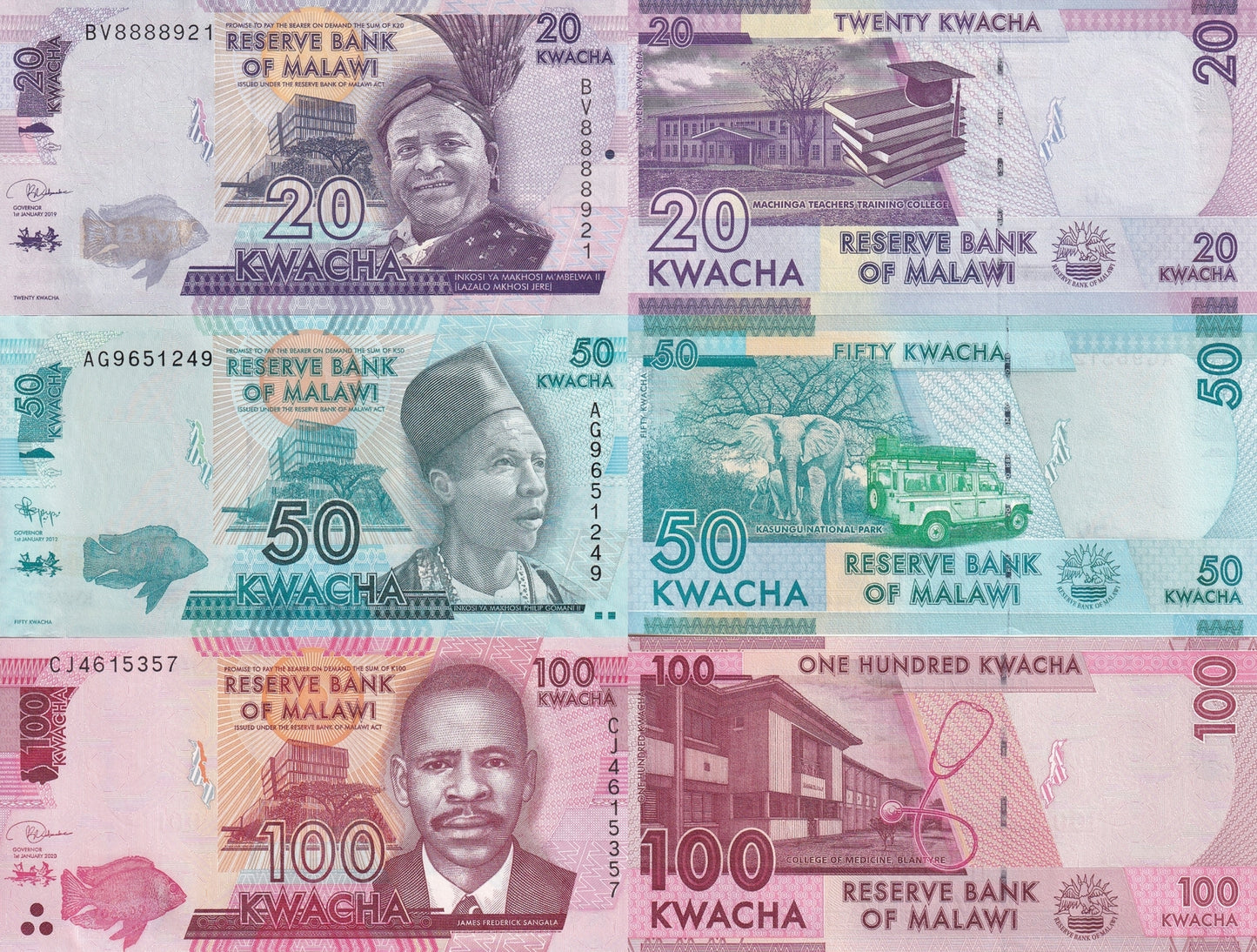 Malawi 20 50 100 Kwacha 2012 2019 2020 P 58 63 65 UNC Set 3 pcs