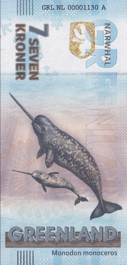 Greenland Souvenir Note  7 Krone Narwhal UNC Test Note