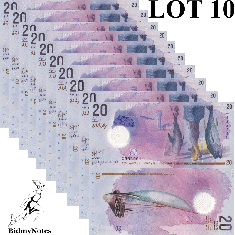 Maldives 20 Rufiyaa 2020 P 27 Polymer UNC 1/10 Bundle LOT 10 pcs