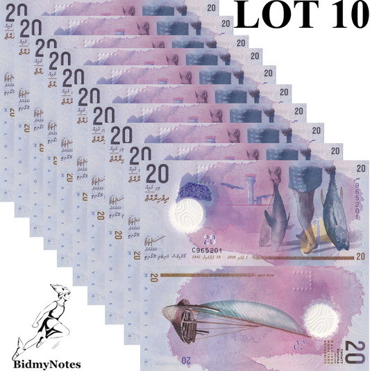 Maldives 20 Rufiyaa 2020 P 27 Polymer UNC 1/10 Bundle LOT 10 pcs