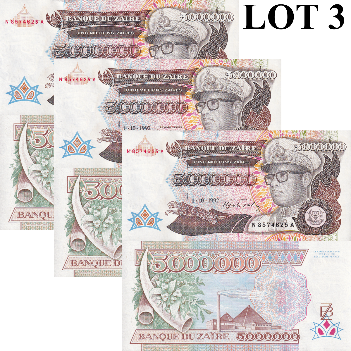 Zaire 5000000 Zaires 1992 P 46 UNC LOT 3 pcs