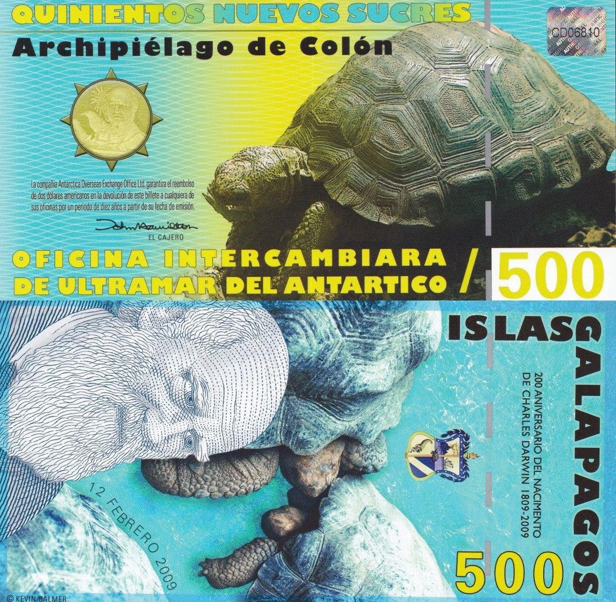 Galapagos Islands 500 Sucres 2009 Charles Darwin Test Note UNC COMM. Type 1