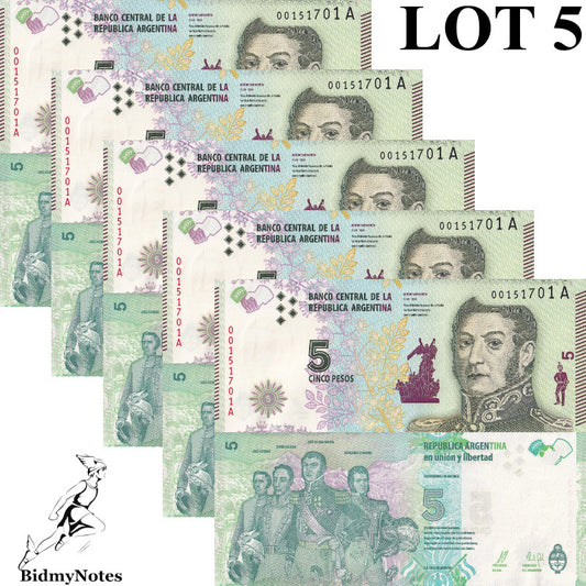 Argentina 5 Pesos ND 2015 P 359 UNC 1/20 Bundle LOT 5 pcs