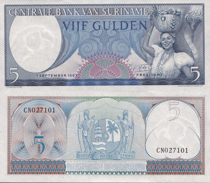 Suriname 5 Gulden 1963 P 120 UNC 1/10 Bundle Lot 10 pcs