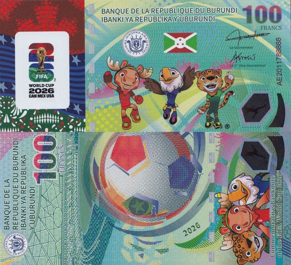 Burundi 2026 1000 Francs FIFA World Cup Mascot Polymer UNC Test Note COMM.
