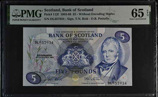 Scotland Bank of Scotland 5 Pounds 1983-88 P 112f UNC PMG 65 EPQ 3rd TOP POP