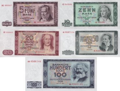 German Democratic 5 10 20 50 100 Mark der DDR 1964 P 22 23 24 25 26 UNC Set 5 p