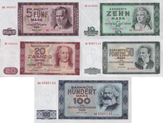 German Democratic 5 10 20 50 100 Mark der DDR 1964 P 22 23 24 25 26 UNC Set 5 p