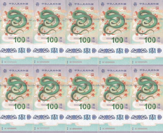 Chinese Snake Year 100 Yuan 2025 Paper UNC SOLID 0-9 COMM. Test Note Set 10 pcs