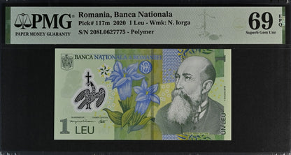 Romania Banca Nationala 1 Leu 2020 P 117m Polymer UNC PMG 69 EPQ 2nd TOP POP