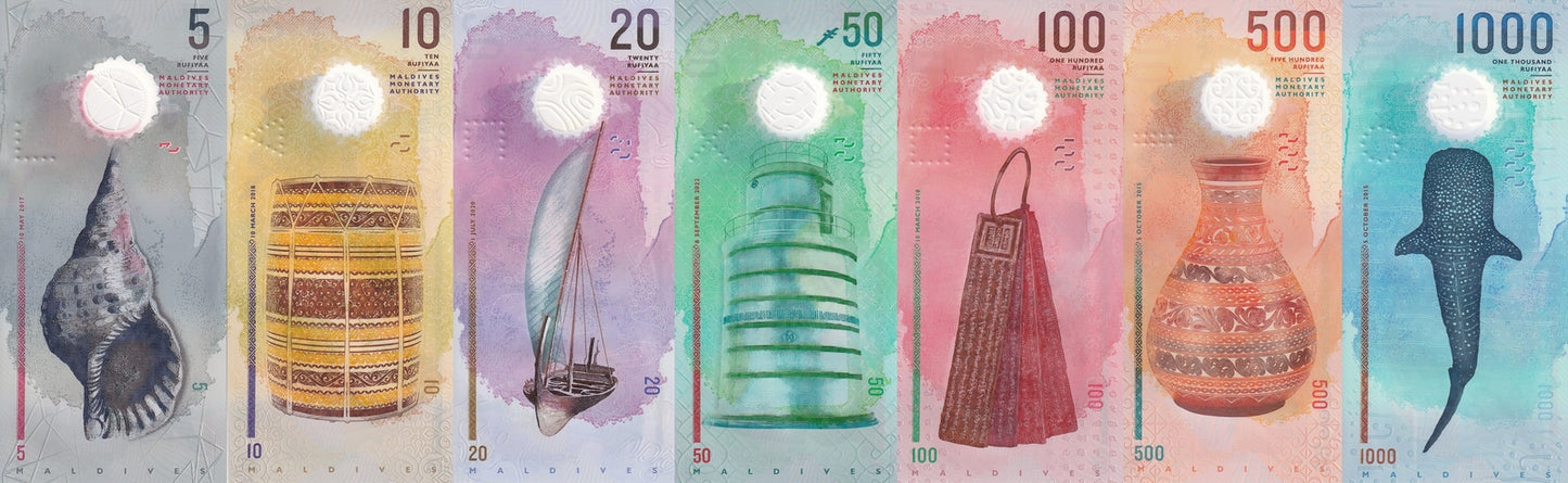Maldives 5-1000 Rufiyaa 2015-2022 P A26 26 27 28 29 30 31 UNC Full Set Set 7 pcs