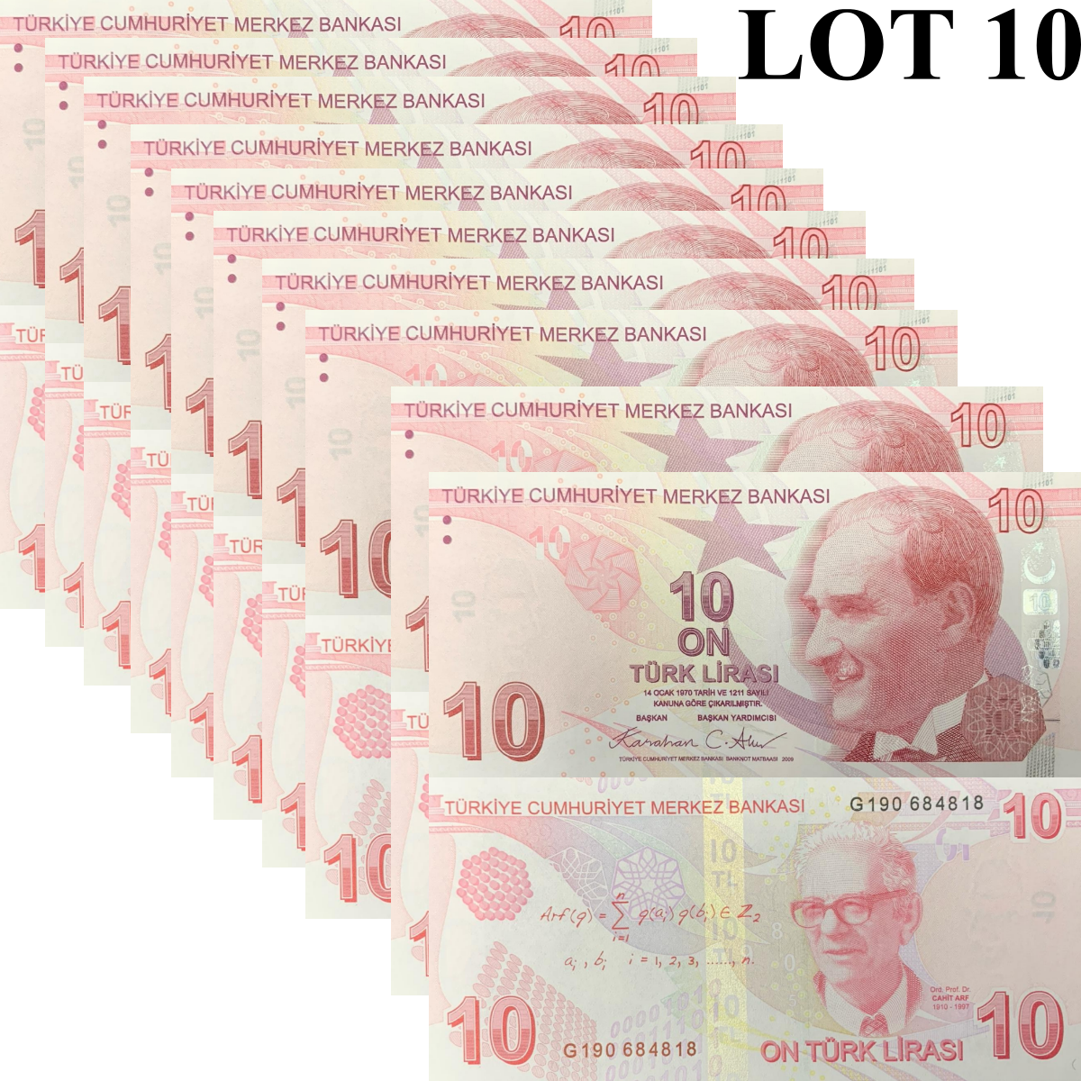 Turkey 10 Turk Lirasi 2009/2025 P 223 New Date UNC 1/10 Bundle Lot 10 pcs