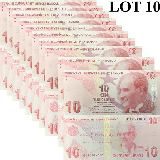 Turkey 10 Turk Lirasi 2009/2025 P 223 New Date UNC 1/10 Bundle Lot 10 pcs
