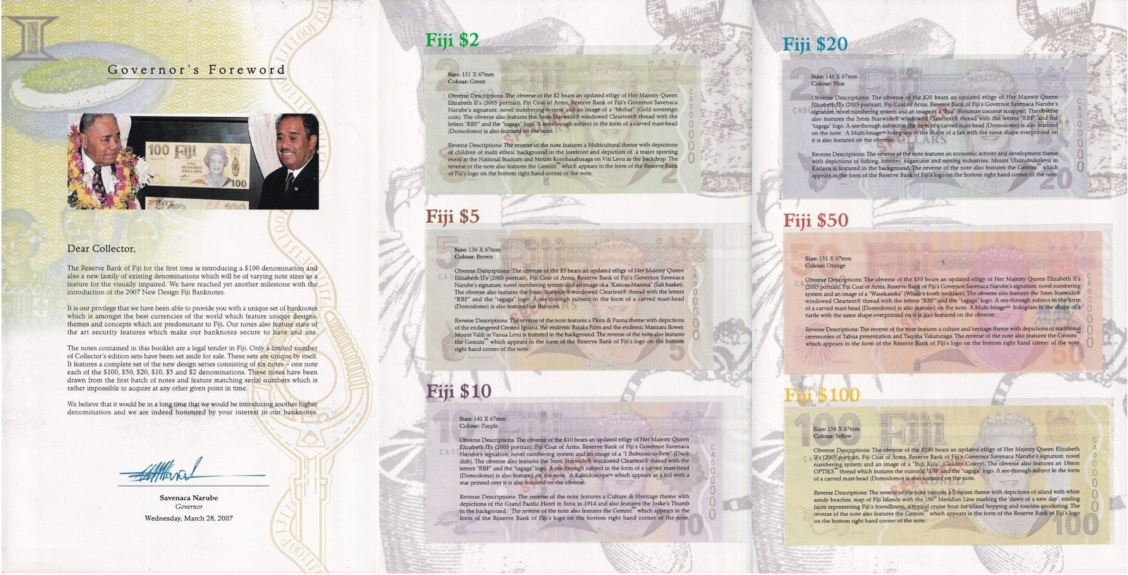 Fiji 2-100 ND 2007-2011 P 109a 110a-114 UNC Set 6 pcs Match LOW S/N With Folder