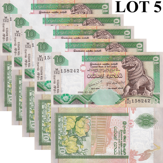 Sri Lanka 10 Rupees 2006 P 108f UNC 1/20 Bundle Lot 5 pcs